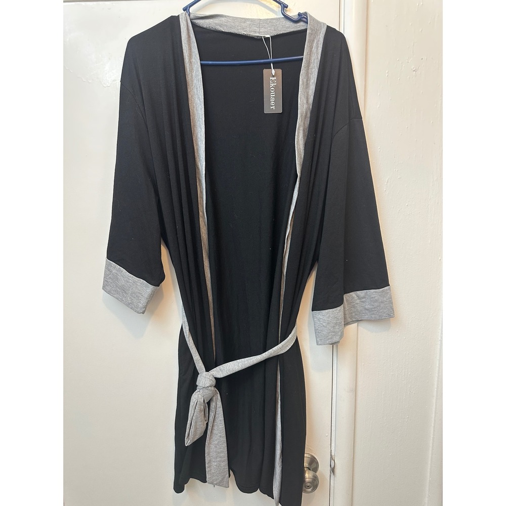 Ekouaer Womens XXL Black Grey Trim Short Robe Kimono Sleepwear NWT Pockets